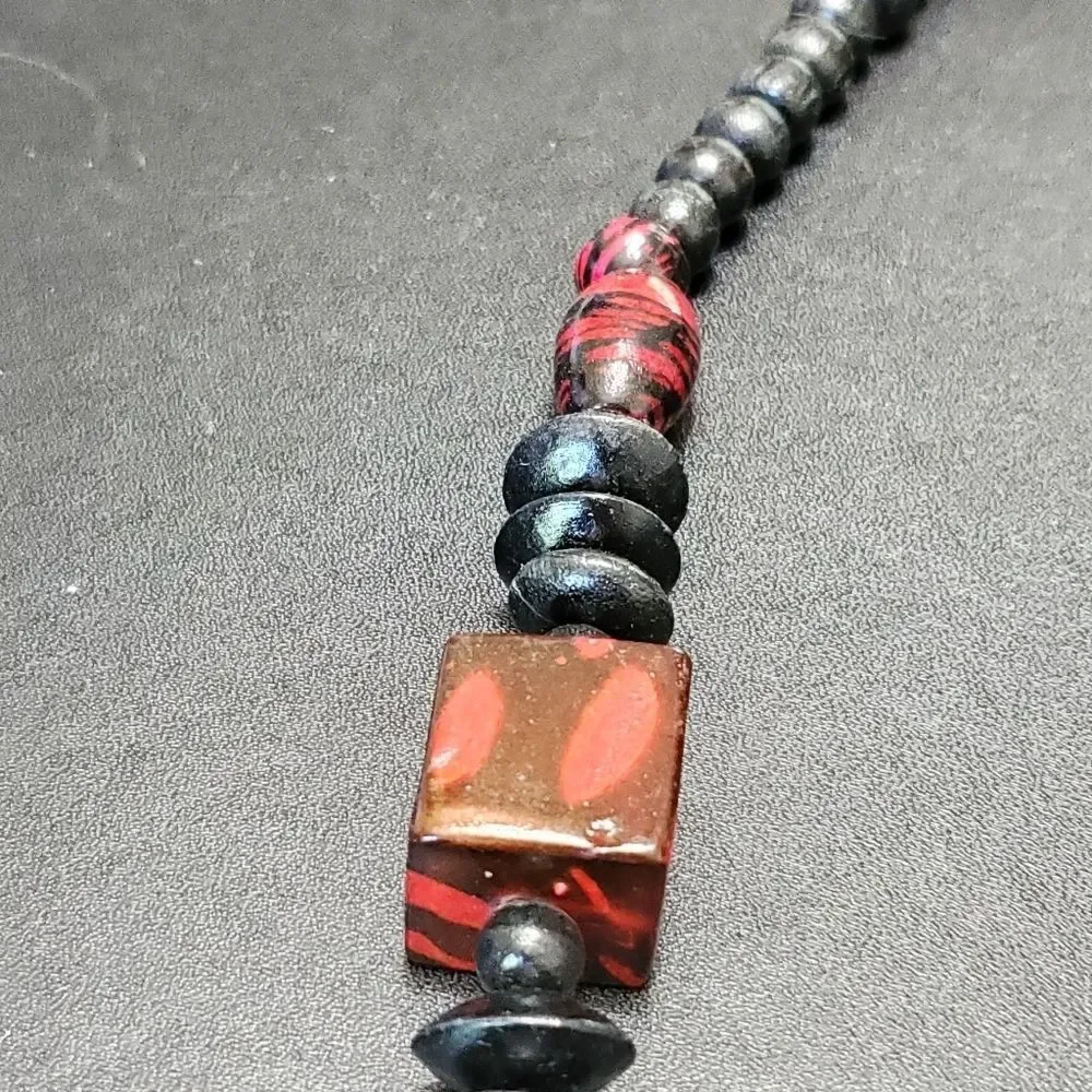 Red and black painted wood bead necklace 28